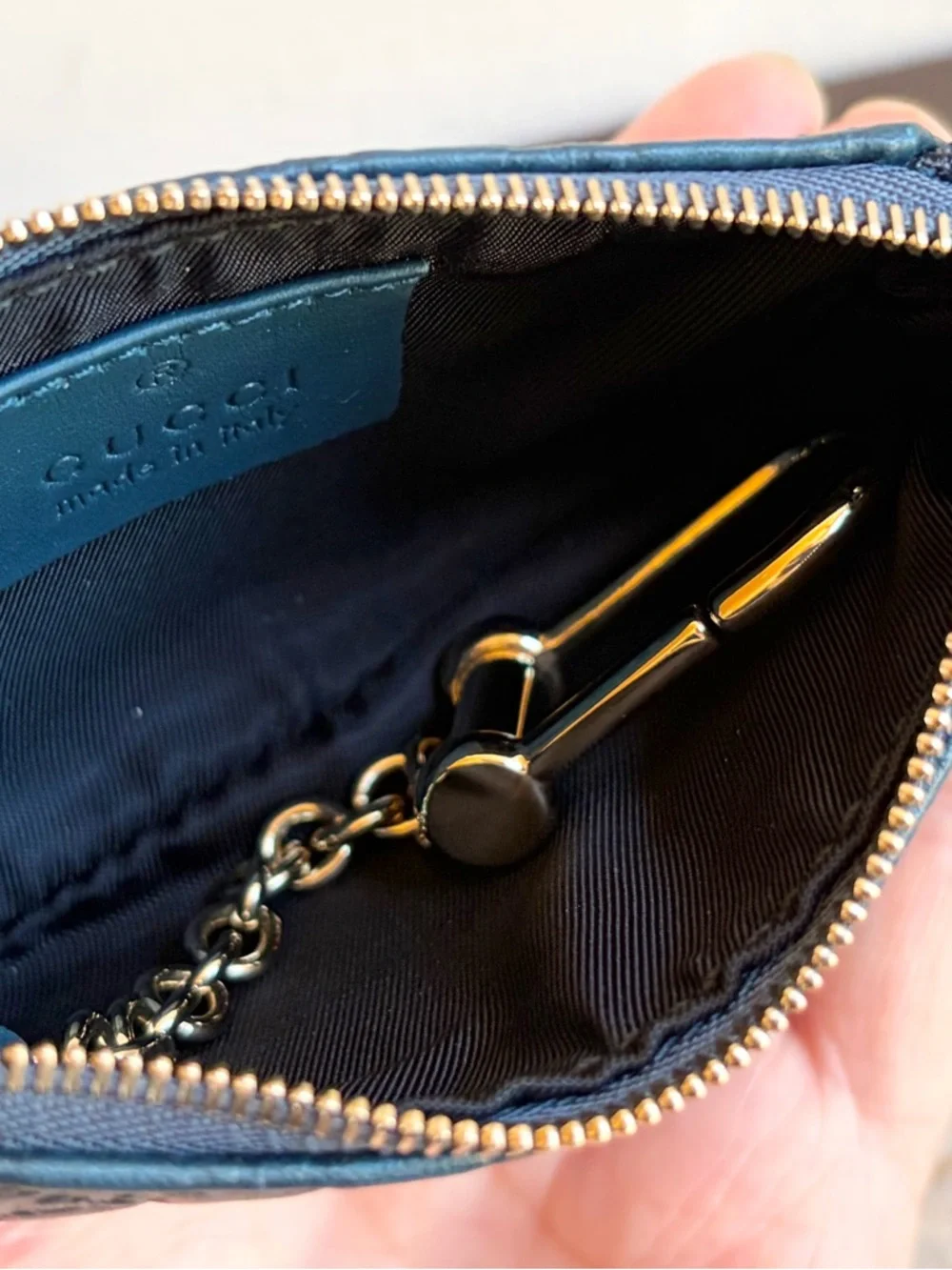 New GUCCI Teal Leather Guccissima Micro GG Coin Key Chain Case w/ Box